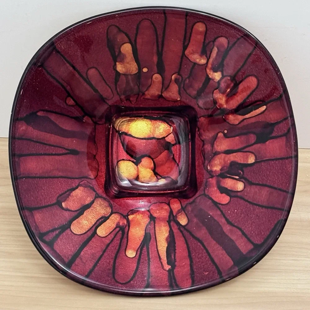 VTG Bowl Red Gold Black Enamel On Glass Underside Gold Foil Paint Italy Pier 1